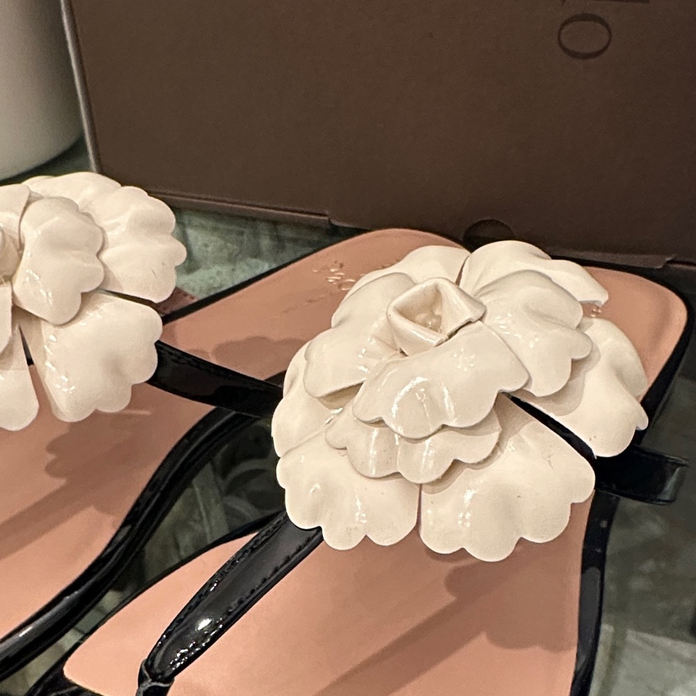 New in Box $125 Linea Paolo Black and Cream Floral Leather Sandals sz 9 - Picture 3 of 11